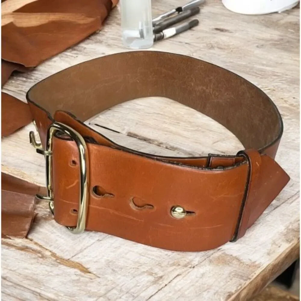Karl Lagerfeld Vintage Wide Brown Leather Belt With Gold Fan 28-32”